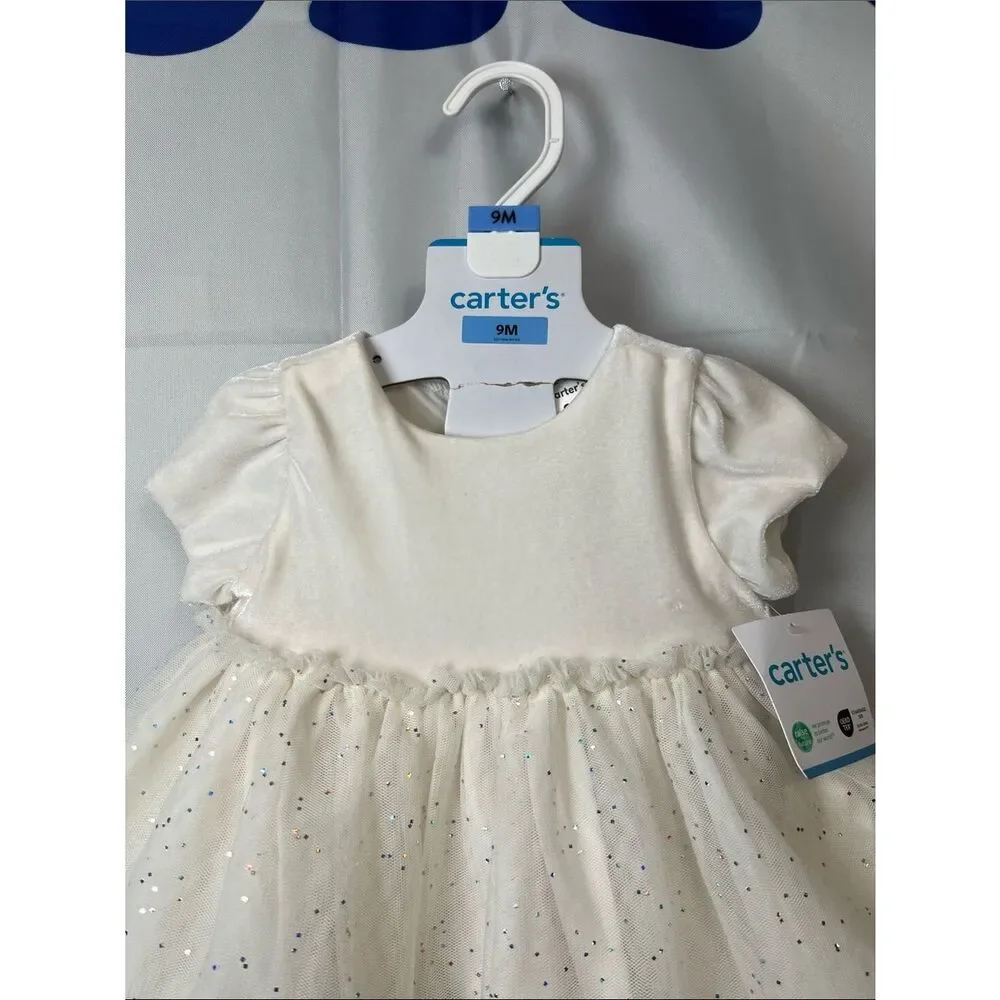 Carter’s ivory short sleeve tulle and glitter party dress 2 piece set NWT 9 mon
